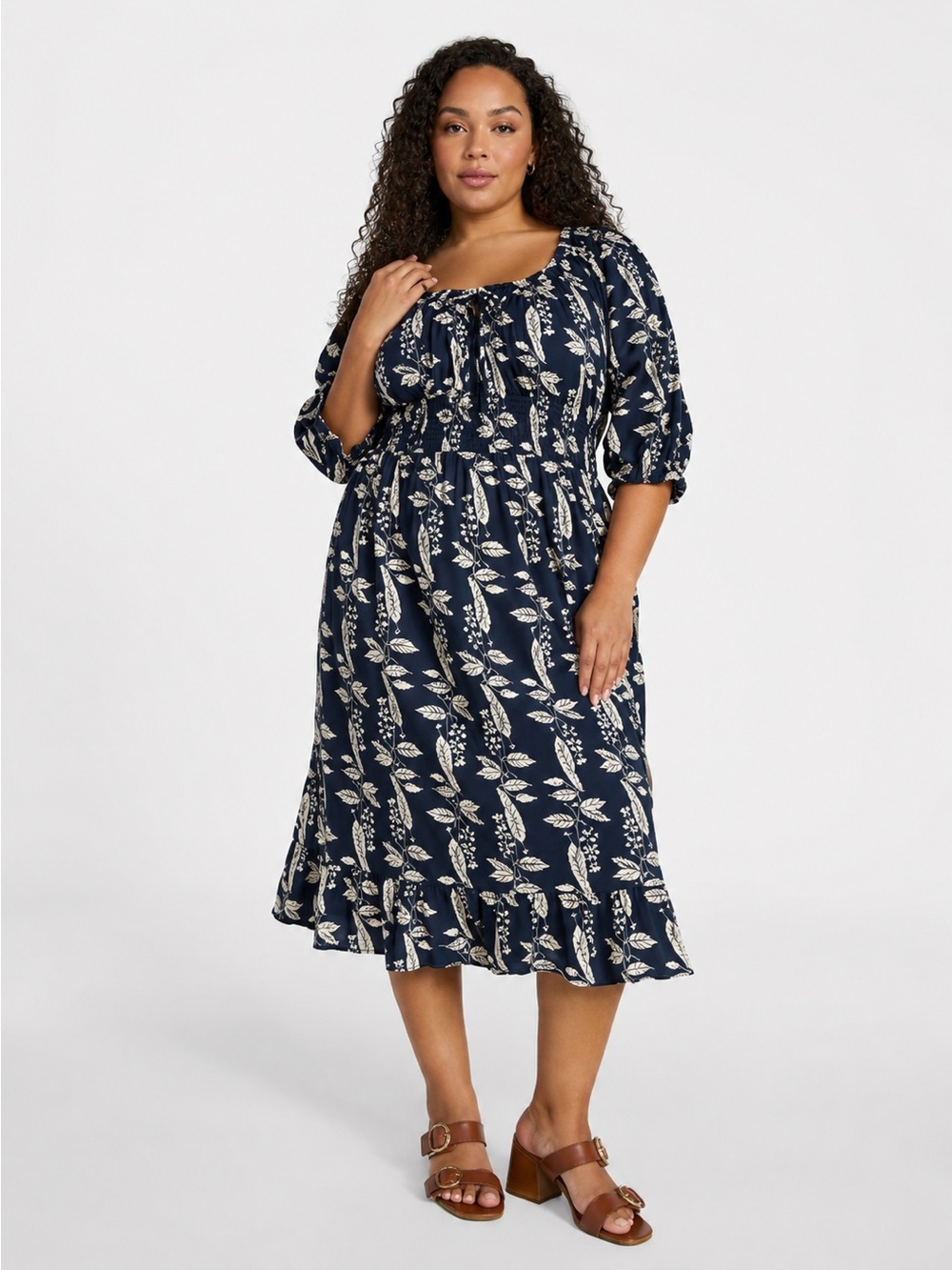 2X Floral Boho Peasant Modest Midi Dress Plus Size Cottagecore Terra & Sky‎